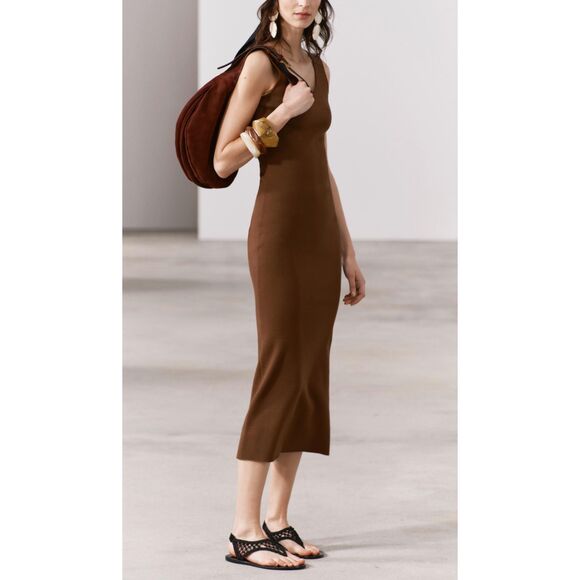 NWOT Zara Brown Knit Sleeveless Bodycon Maxi Dress Womens Medium - Picture 1 of 8
